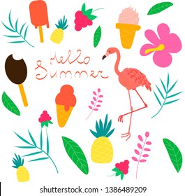 set of vector summer illustrations of flamingos, tropical flowers, ice cream