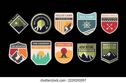 Set of vector summer, mountain and outdoor adventure logos