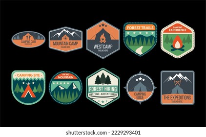 Set of vector summer, mountain and outdoor adventure logos