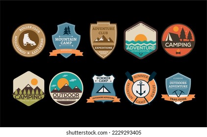 Set of vector summer, mountain and outdoor adventure logos