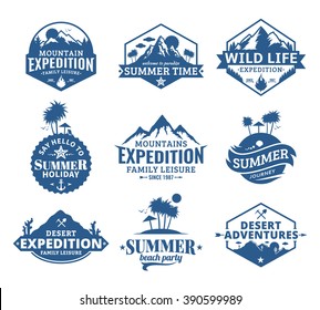 Set of vector summer, mountain and outdoor adventures logo.