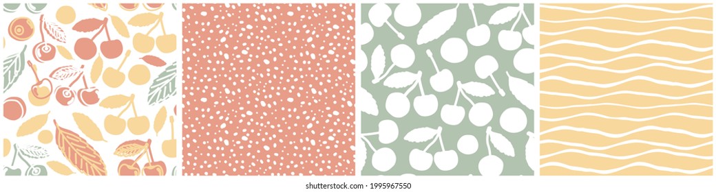 Conjunto de vectores de verano pastel sin costura de cerezas, puntos, ondas de sol abstractas. Dibujos de dibujos animados de doodle de color rojo, verde, amarillo y pintados a mano