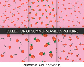 Set of vector summer seamless patterns with berrys. Hand drawn cherry and strawberry illustrations in doodle style. Pink trendy color