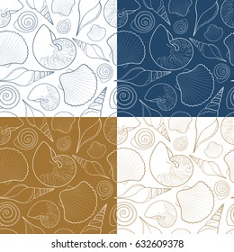 Set of vector summer seamless patterns with sea shells