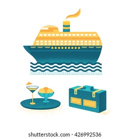 Set of vector summer with texture. Set of icons of summer vacation. Collection of elements of summer vacation, travel, holiday. Vector illustration of summer. Elements for design. Template for design