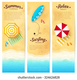 Set of vector summer travel banners with beach umbrellas, waves and surfing board