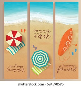 Set of vector summer travel banners with beach umbrellas, waves and surfing board
