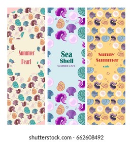 Set of vector summer travel banners with shells, pearls and bubbles.