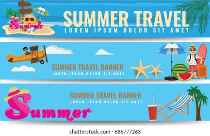 Set of vector summer travel horizontal banners with beach umbrellas, waves and man with surfing board. Illustrated vector.