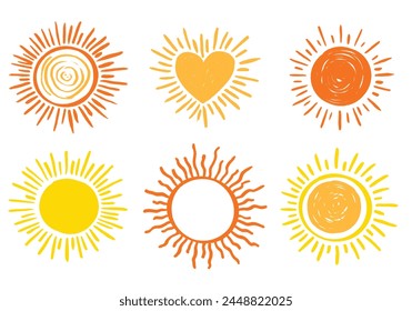 Set von Vektorgrafik Sonne Clipart, handgezeichnete bunte Happy Illustration, Warmgelb Orange, Kreide Skizze digital