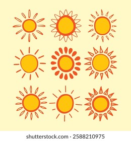 Set of vector sun icons. Sun icon set. Sunset icon collection. Hand drawn sun icon