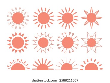 Set of vector sun icons. Sun icon set. Sunset icon collection. Hand drawn sun icon