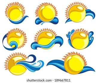 Set of vector sun icons with water