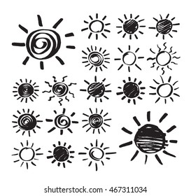 Set of vector sun symbols hand drawn by black marker. Felt pen scribble sunshine rays isolated on white. Sketch EPS8 illustration.