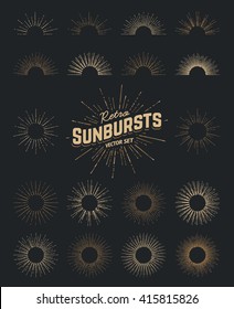 Conjunto de rayos de sol de Vector. Elementos de diseño de Antiguas. Rayos de sol decorativos de arte de línea de estilo retro. Formas de sol dibujadas a mano. 