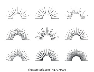 Set of vector sunbursts. Vintage design elements. Retro style line art decorative sun beams. Hand drawn sunshine shapes. 