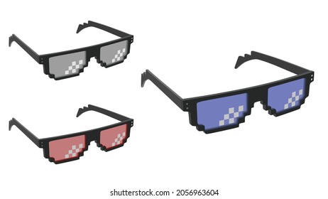 set of Vector sunglasses in pixel style, Pixel art glasses, Party Fun Sunglasses, vector Illustration