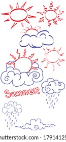 set of vector suns with clouds. weather