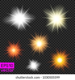 Set of vector suns or lamps light template on dark transparent background. Make your photos sunny. Put shiny sunbeam rays lights on photo or illustration, make beautiful flash brightness