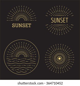 Set of Vector sunset hipster minimal outline logo,sunlight stamp, natural sign, sun emblem, wave, ocean, sunshine eco icon