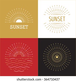 Set of Vector sunset hipster outline logo, sign, sun emblem, wave, ocean, sunshine icon