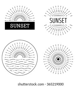 Set of Vector sunset hipster outline logo, sign, sun emblem, wave, ocean, sunshine icon