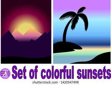 Set of vector sunsets - in mountains and on beach 