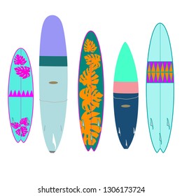 Set of vector surf boards with bright design surfing icon isolated surfboard graphics