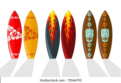 Set of vector surf boards with Hawaiian patterns and flames