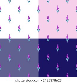 Set of vector surface design with simple pink flowers in a row on a purple, white, gray and pink background. Collection of seamless geometric floral patterns for fabrics, wallpaper and wrapping paper.