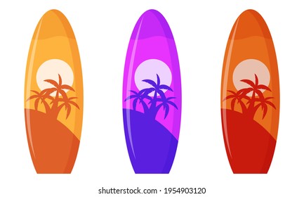 Set of vector surfboard with palm tree design