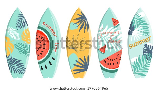 Set of vector surfboard in tropical design with\
palm, monstera leaves. watermelon, text summer time. Vector\
illustration for icon, logo, print, icon, card, cover, bags, case,\
invitation, emblem, label