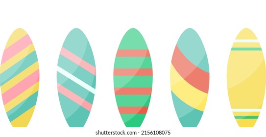 Set of vector surfboards with different pattern. Extreme sports equipment icons. Summer surfing set of boards with ornament.