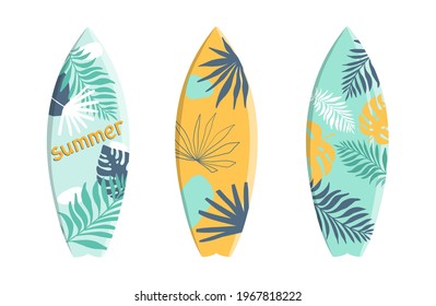 Set of vector surfboards in tropical design with palm and monstera leaves on a white background. Vector illustration for icon, logo, print, card, cover, bags, case, invitation, emblem, label, t-shirt