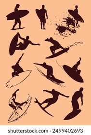 Set of vector surfers silhouettes.