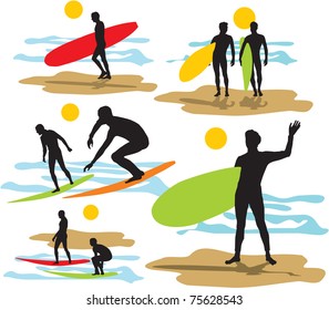 set vector surfers silhouettes