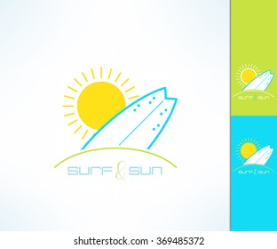 Set of vector surfing company label logo made in modern clean and bright design. Surf and sun tshirt print. Surfboard design emblem