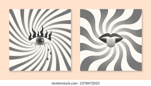 Set vector surreal illustrations with eye and flame,lips and tongue out.Retro prints in y2k aesthetic with spiral background and texture.Trendy designs for banners,smm,branding,packaging,covers