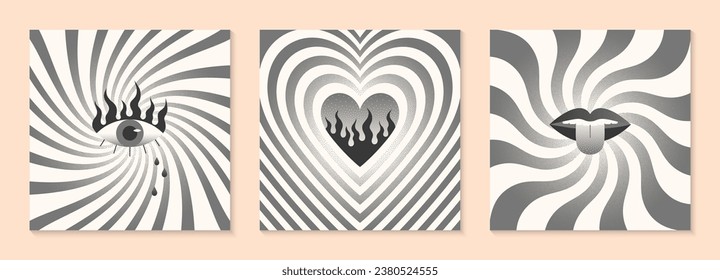 Set vector surreal illustrations with eye,flame,heart,lips with tongue out.Retro prints in y2k aesthetic with spiral background and texture.Trendy designs for banners,smm,branding,packaging,covers