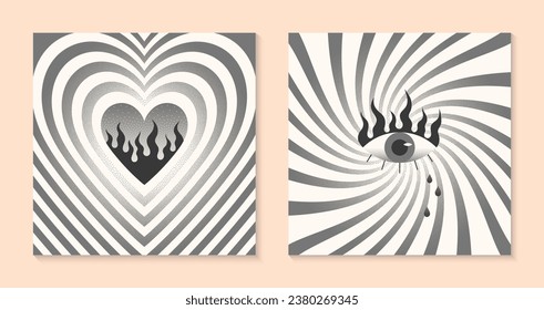Set vector surreal illustrations with heart,eye,flame.Retro prints in y2k aesthetic with spiral background and texture.Trendy mystic designs for banners,social media marketing,branding,packaging,cover