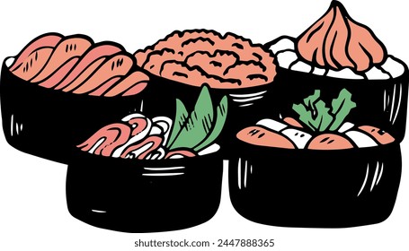 Set of vector sushi gunkan hand drawn doodle style side view isolated on white background. Vector illustration of various gunkan sushi. Asian food, Japanese gunkan sushi isolated