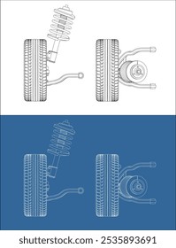  configuração de suspensão vetorial com pneu, jante, travão, paquímetro e plano de suspensão desenho técnico isolado em fundo transparente