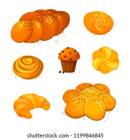 Set vector sweet bread icons. Vector illustration isolated on a white background. Bakery product in cartoon style. Plait, kaiser roll, muffin, croissant and so.