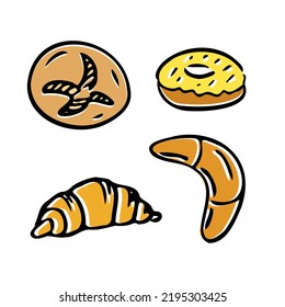 Set vector sweet bread icons. Croissant, donut and bun for design menu bakery.
