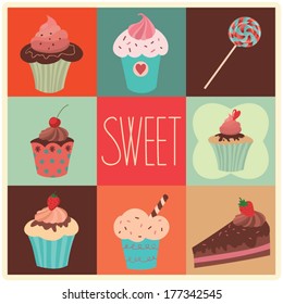Set of vector sweet cupcakes, cake and lollipop