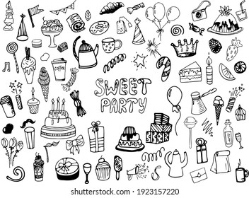 A set of vector sweet elements drawn by hand. Black and white icons isolated on a white background. Sweets, drinks, pastries, confectionery, tea party, party, holiday, birthday, sweetmeat day