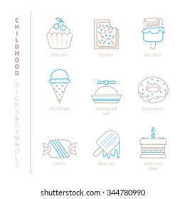 Set of vector sweet food icons and concepts in mono thin line style