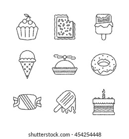 Set of vector sweet food icons and concepts in sketch style