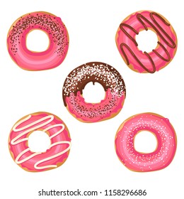 Set of Vector Sweet pink glazed donuts with chocolate and powder. Food design