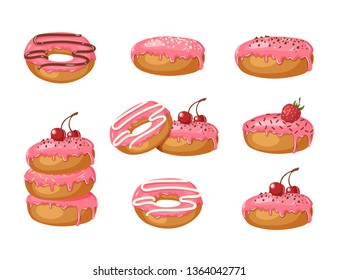 Set of Vector Sweet pink glazed donuts with powder, cherries, strawberries and chocolate cream isolated on white. Food design. Illustration for holidays, birthdays, banners, patterns.